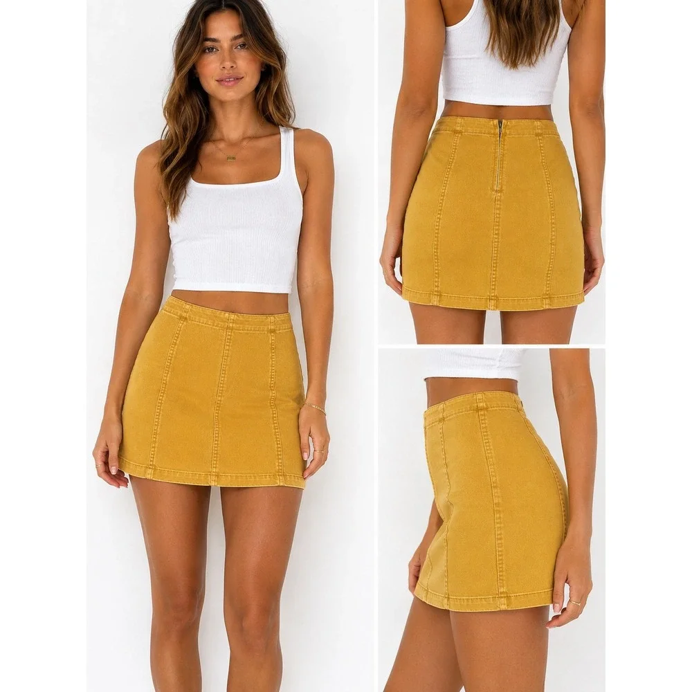 Free People Modern Femme Mustard Yellow Denim Mini Skirt Size 6 Boho